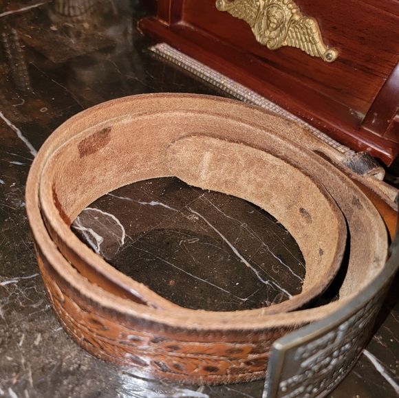 VINTAGE Tex made embossed GENUINE Leather Belt 32 Levi Buckle SNAP OFF western r - Picture 13 of 16